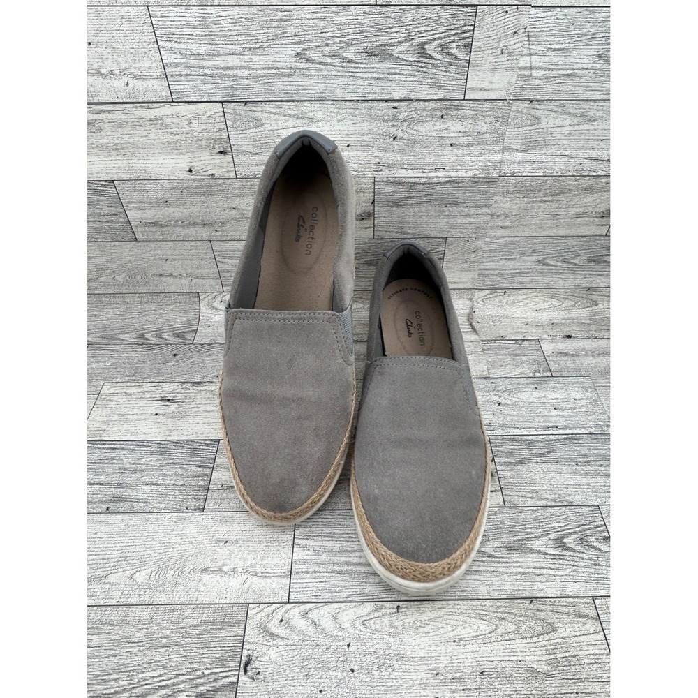 Clarks Collection Grey Suede Jute Trim Slip On Shoes Women Sz 7.5M